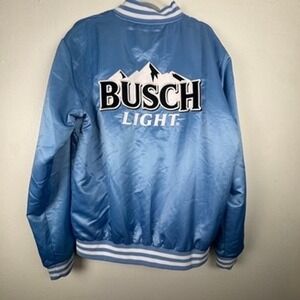 Busch Light Satin Bomber Jacket Blue Varsity Snap Front Embroidered Large Mens